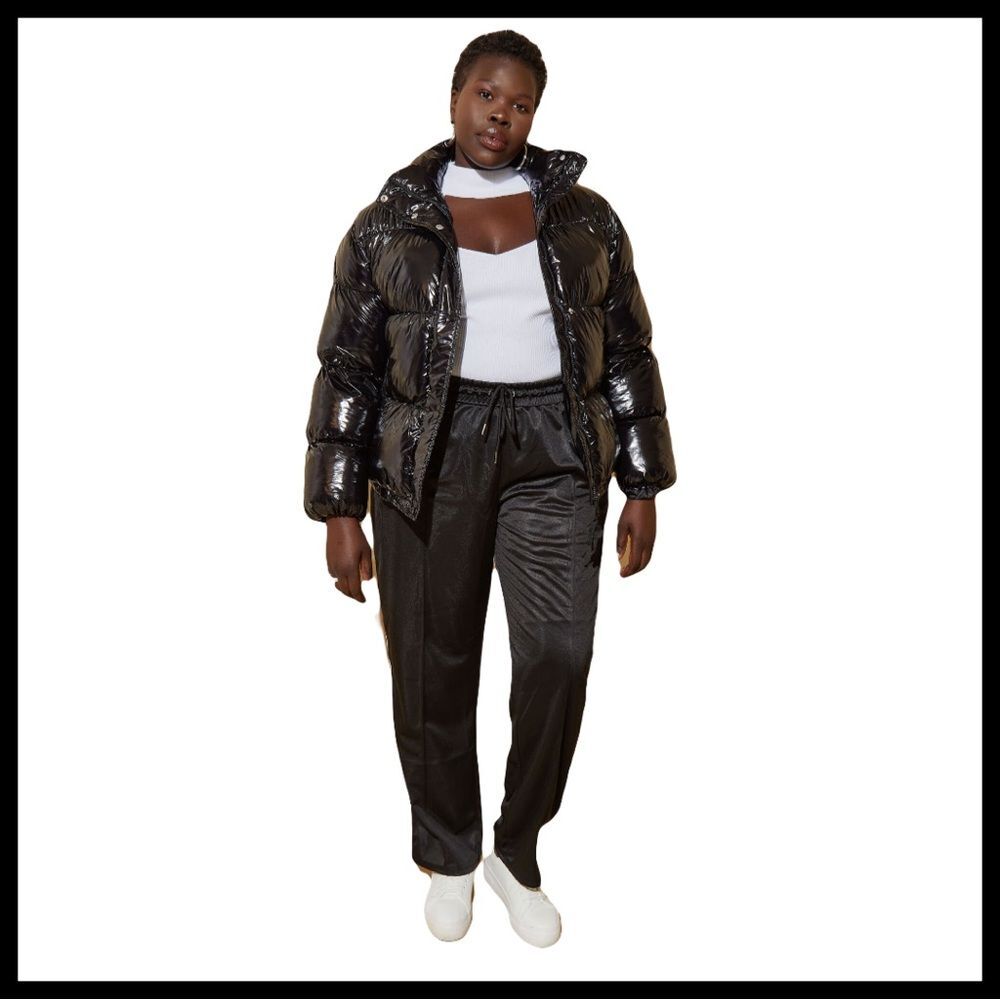 Ashley Stewart Outerwear Black Glossed Puffer Jacket